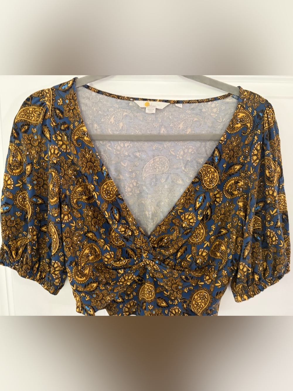 Boden Blue and Gold Paisley Wrap V-Neck Blouse